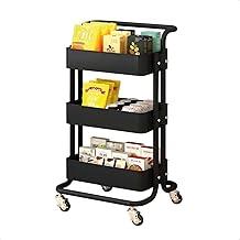 Carrinho Organizador De Banheiro Lavanderia Estante Fruteira Cozinha Armazenamento Multiuso Prateleiras Escritório Manicure Maquiagem Rodinha Giratória 03 Prateleiras De Aço com Alça (Preto)