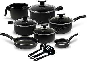 Jogo de Panelas 10 Peças Preto Antiaderente c/Tampa de Vidro e Utensílios