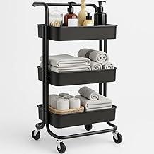 Carrinho Organizador Multiuso Preto | 3 Prateleiras e Rodinhas – com Cesto Removível para Banheiro, Cozinha, Lavanderia e Escritório | Estrutura Metálica e Resistente | Fácil de Montar e Compacto