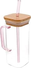 Copo de Vidro com Canudo e Tampa de Bambu, 350ml, Reutilizável, Portátil, Fácil de Limpar, para Água, Suco, Café, Leite (Rosa)
