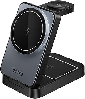 Basike Carregador Sem Fio 3 em 1 Magnético 2025, Estação de Carregamento Portátil com Luz Noturna, Dobrável e Compatível com MagSafe, iPhone 16/15/14/13/12, Apple Watch e AirPod (Preto)