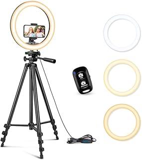 Tripé Extensível 50'' com Luz Circular de LED de 12'' Preto, USB Powered, Suporte Clip para Celular, Ideal para Transmissão ao Vivo, Maquiagem, Vídeos do YouTube e TikTok