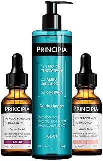 Kit Principia Anti-Acne Trio com um gel de limpeza com 2% de ácido salicílico e 5% de glicerina, um sérum com 10% de Niacinamida e um sérum com 10% de Ácido Mandélico + Alfa-arbutin
