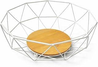 Fruteira Geométrica Branca com Base de Madeira Moderna 28cm para Mesa ou Bancada de Cozinha
