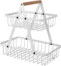 Fruteira de Mesa ou Bancada. Organizador Duplo com Cestos Aramados. Suporte com Alça em Madeira para Frutas e Utensílios (Branca, 34x26)