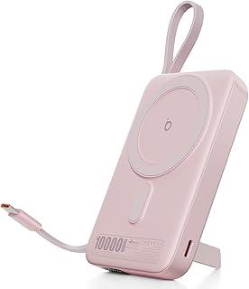 Basike Carregador Portátil Indução, Power Bank 10000mAh com Suporte Integrado, Ultrafino e Portátil, Carregamento Rápido Sem Fio 15W(MAX) + Cabo Tipo C 22.5W(MAX) Compatível com MagSafe (Rosa)