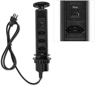 Torre De Tomadas Retrátil Bivolt Multiplug Usb A Usb C 3 Tomadas 20a De Embutir (Preta)