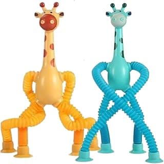 Kit 2 Girafas Mágica Flexível com LED, Brinquedo que Estica, Puxa e Gruda (Cor menino)