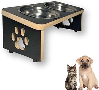 Comedouro Duplo Elevado para Gatos e Cachorros, MDF 15mm Laminado, Tigelas Inox 500ml, Base Anti Risco, Estilo Moderno com Pata (Preto)