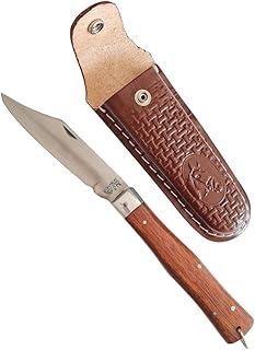 Canivete Artesanal em Aço Inox, Cabo de Madeira 14cm, com Bainha de Couro Legítimo