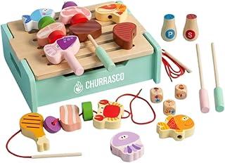 Brinquedo de Madeira Churrasco Infantil Kit Cozinha Montessori Educativo de Montar e Alinhavo Comidinha Peixe Carne Presente Menina Menino 3 4 5 Anos