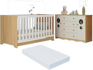 Berço Americano 3 em 1 com Colchão Incluso e Cômoda 2 Portas 4 Gavetas Sonho Multimóveis Mp4721 Madeirado/off White