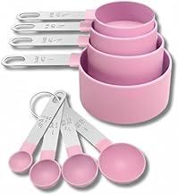 Kit de Medidores para Cozinha, 8 Peças, Colheres e Copos Dosadores, Aço Inox e Plástico (ROSA)