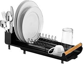 Escorredor de Louça Compacto 31cm Extensível até 52cm, Moderno | Sofisticado com Capacidade para 10 Pratos, Porta-Talheres e Base Antiderrapante, Ideal para Pias de Diversos Tamanhos Premium (Preto)