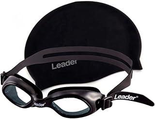 Kit Óculos de Natação Leader Pool Lente Antiembaçante Proteção UV + Touca Silicone Lisa Preta