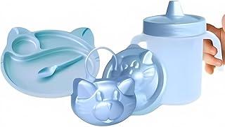 Kit 3 Itens Introdução Alimentar Bebê Baby Copo com Tampa 350ml Prato com Divisórias e Porta Chupeta Ideal para Passeios (Azul Perolado)