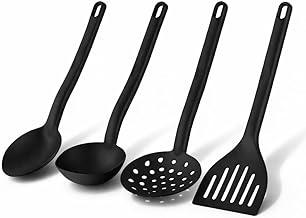 Kit 4 utensílios de cozinha em nylon resistente ao calor. Seguro para panelas antiaderentes, não risca, fácil de limpar e com design moderno. Inclui espátula, colher e concha para o dia a dia.