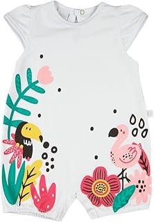 Macacão Bebê Menina Verão Sem Mangas Suedine Silk Screen Tucano e Flamingo - Branco