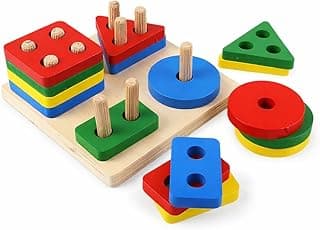 Brinquedo Educativo Montessori de Madeira Pedagógico Sensorial Formas Geométricas Didáticas Multicoloridas Encaixe Infantil e Cores Empilháveis