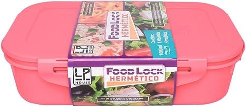 Marmita Plástica Hermética c/Trava E Divisória 1L Retangular (Rosa)