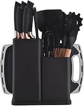 Utensilios para Cozinha Silicone Kit com 19 Peças Cabo Madeira Conjunto Completo Espátula Concha Colher Jogo Suporte Faca Antiaderente Tabua Tesoura Faqueiro (PRETO)