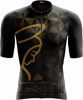 camisa ciclismo masculina preta fé nossa senhora aparecida dourada manga curta com bolso traseiro modelagem slim zíper frontal