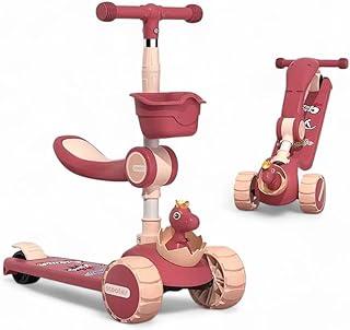 Patinete Infantil 3 Rodas Dinossauro com Banco Removível, Luzes LED nas Rodas e Base, Música Integrada, Altura Ajustável até 75 cm, Suporta até 50 kg, Certificado INMETRO