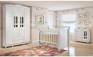 Quarto de Bebê Guarda Roupa 4 Portas, Cômoda Fraldário e Berço Mirelle Carolina Baby Branco Brilho