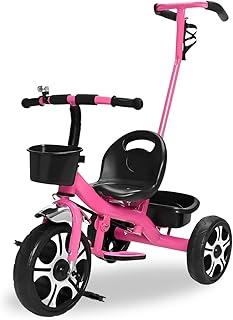Triciclo Infantil com Apoiador com duas Cestinhas e Sininho Haste Removivel Direcionável (Rosa)