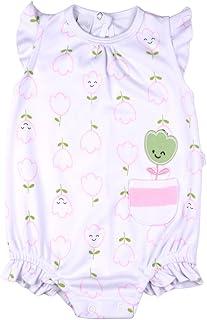 Macacão Bebê Menina Curto em Suedine 100% Algodão – Estampado Tulipas com Babados e Bordados