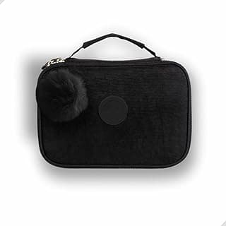 Estojo Escolar Grande de Nylon 23x15x6 cm com 24 Elásticos e Pompom, Várias Cores (Preto)