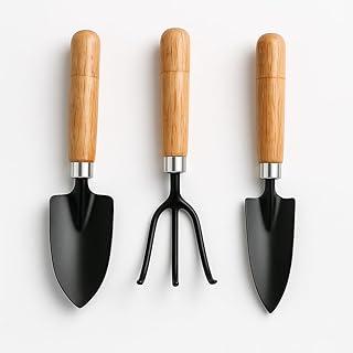 Kit Jardinagem Mini 3 Peças, Pá 17cm, Ancinho 15cm, Pá Estreita 17cm, Cabo de Madeira para Vasos e Horta