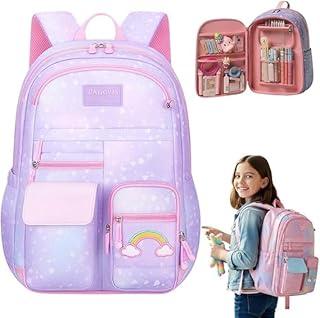 Mochila Escolar Infantil com Compartimentos, Design Arco-Íris, Rosa e Lilás, Abertura Geladeira, para Meninas de 6 a 13 Anos
