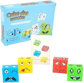 Cubo das Emoções, Jogo Educativo com 16 Blocos Coloridos e 54 Cartas, Brinquedo para Reconhecimento de Expressões Faciais