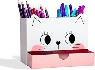 Organizador De Mesa Multiuso, Porta Caneta Lápis, Porta Maquiagem, com Gaveta, Gata Mimi, Metal - Geguton