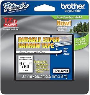 Brother Fita genuína P-touch TZE-N201, fita não laminada superestreita de 0,3 cm de largura, preta sobre branca, recomendada para uso doméstico e interno, 0,3 cm x 26,2' (3,5 mm x 8 m), pacote único,