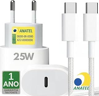 Carregador 25W Fonte USB C + Cabo, Compatível com Samsung e iPhone 17 16 15, Pro Max, Carga Rápida, Homologado ANATEL, Bivolt, Tecnologia Power Delivery