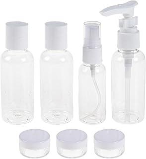 Kit de Viagem 7 Peças com Nécessaire, Frascos com Bomba e Spray 80ml, Potes 15g, Material PVC Transparente para Cosméticos, Shampoo e Perfumes