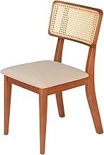 Cadeira de Jantar Madeira Maciça Estofada em Linho Bege Claro Encosto Rattan