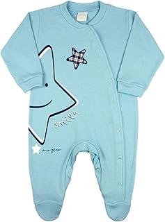 Macacao Bebe Menino Suedine Algodão Manga Longa Comprido Silk e Bordado Estrela - Azul