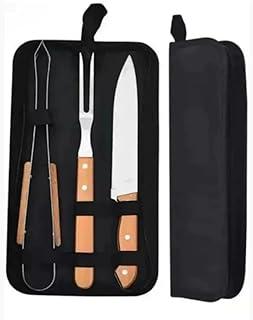 Jogo para Churrasco 3 Peças com Estojo – Faca, Garfo e Pegador em Aço Inox, Cabos Estilo Madeira, Kit para Cortar e Servir Carne com Elegância no Churrasco
