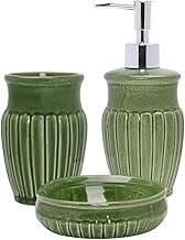 Mimo Style Jogo de Banheiro Marine na Cor Verde Inteiramente de Cerâmica, Com Detalhes em Alto Relevo. Conjunto de 03 Peças: Porta Sabonete (325ml), Saboneteira e Porta Escova. Elegante