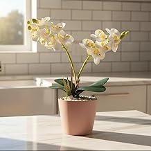 Vaso com flor de Mini orquídeas Brancas em silicone com vaso moderno e decorativo para sua prateleira, casa e seu escritório, decore sua mesa