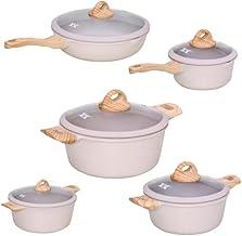 Jogo de 5 Panelas em Ceramica Acabamento Madeira, 5 Peças, Indução, Fogo, Eletrico com Tampa de Vidro. (Creme)