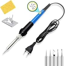 Kit Ferro de Solda Profissional 60W Ajustável 110/220V, Estação de Solda Completa com 6 Pontas, Suporte, Esponja, Estanho e Fluxo para Eletrônica, Reparos e DIY (220.0, Volts)