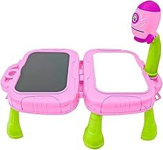 Mesa Projetora Infantil com Lousa Dupla 2 em 1 - Luz de Projeção e Desenho Educativo | Acompanha 3 Discos Projetores, 4 Canetinhas, Kit de Giz e Apagador | Brinquedo Interativo - Modelo Foguete (Rosa)