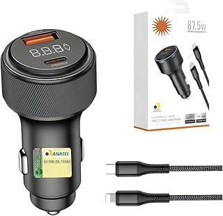 Carregador Veicular Turbo 87,5W + Cabo Turbo Compátivel com iPhone - Carregador de Carro Com 2 Entradas, USB e USB-C, Carregamento Super Rápido + Cabo Turbo, Compatível Com Dispositivos IOS e Android