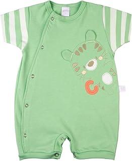 Macacão Bebê Menino Curto em Suedine 100% Algodão – Manga Listrada Tigrinho com Bordados e Abertura Frontal