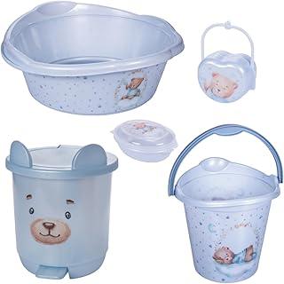 Kit Banho Bebê 5 peças Plasútil Bacia Balde Lixeira Decorado (Urso Azul)