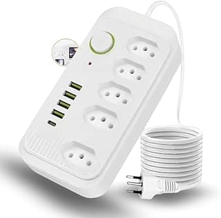 Extensão Filtro de Linha Régua Tomada - Régua de Energia Com 5 Tomadas, 4 Entradas USB, 1 Porta USB Tipo-C, Cabo de Alimentação de 2 metros,Bivolt 110-220V, 2500W Proteção Contra Sobrecarga